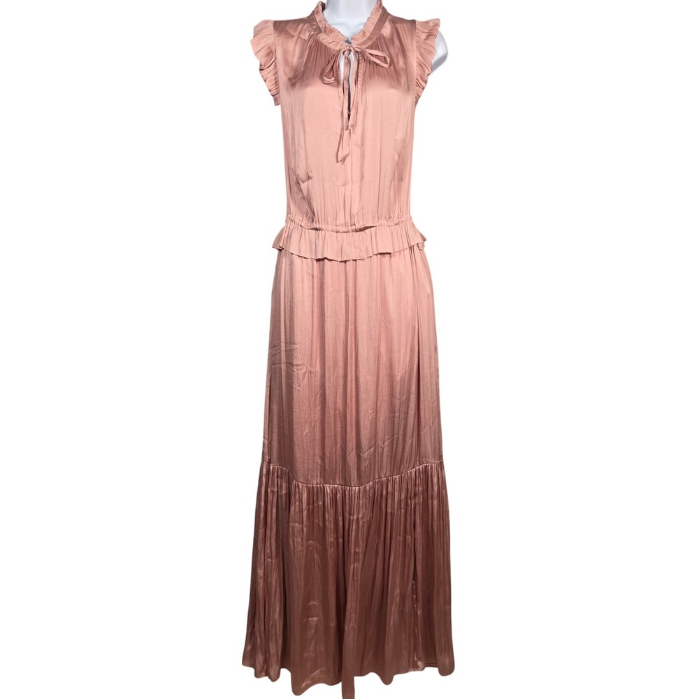 Banana Republic Sleeveless Tie Neck Maxi Dress Womens 14 Rose Gold Satin Ruffle